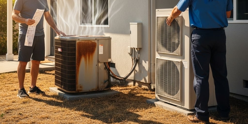 An older, rusty central air conditioning unit sits outside the house. A concerned homeowner stands nearby, holding a high energy bill. In the background, a technician examines a sleek, new energy-efficient AC system ready for installation.