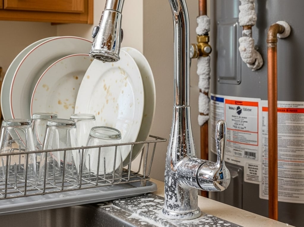 A shiny chrome faucet covered in stubborn white mineral spots. Dishes in a drying rack show faint water stains. A water heater in the background has visible chalky scale buildup on its pipes.