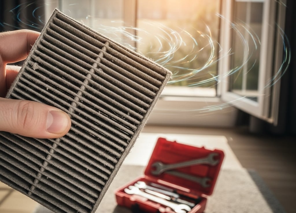 A hand holds a dusty, gray air filter
