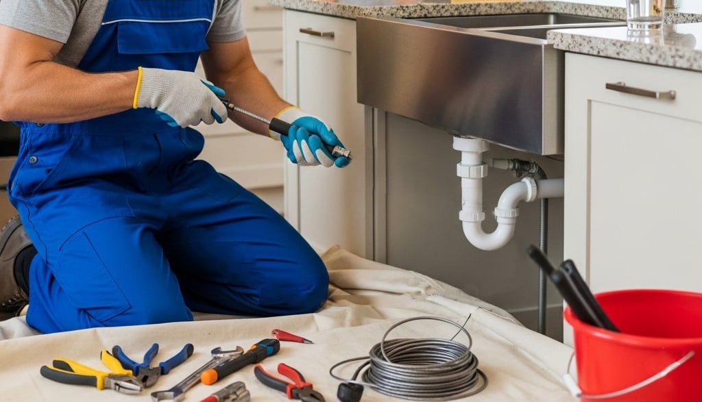 A male plumber in blue overalls clears a kitchen sink drain.