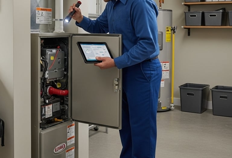 A professional HVAC technician in uniform is inspecting a modern gas furnace inside a clean, organized utility room.