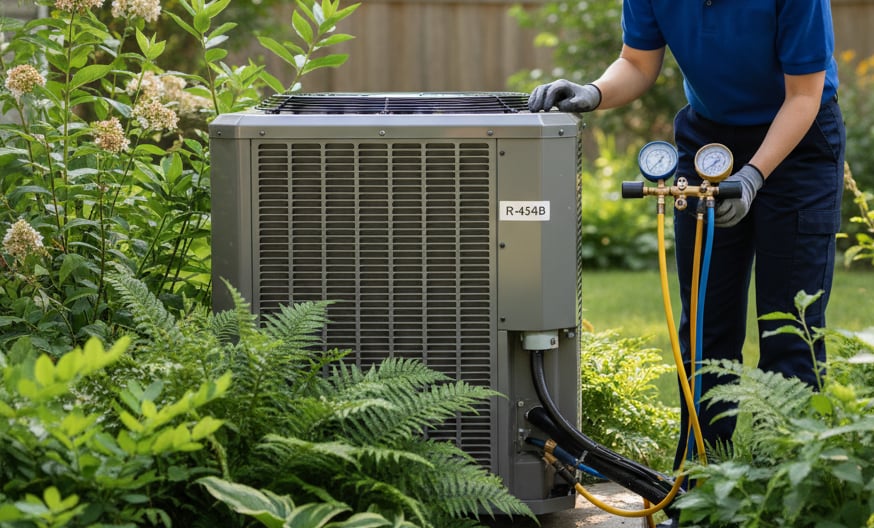 An HVAC technician inspecting an outdoor air conditioning unit.