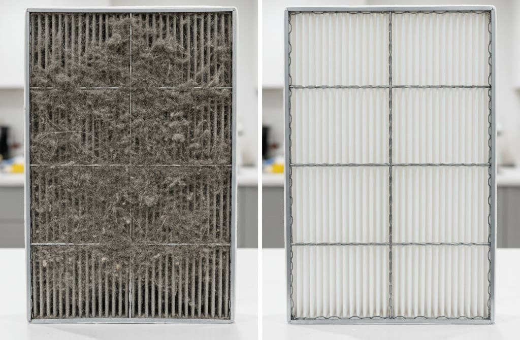 Side-by-side image: dirty vs. clean HVAC filter