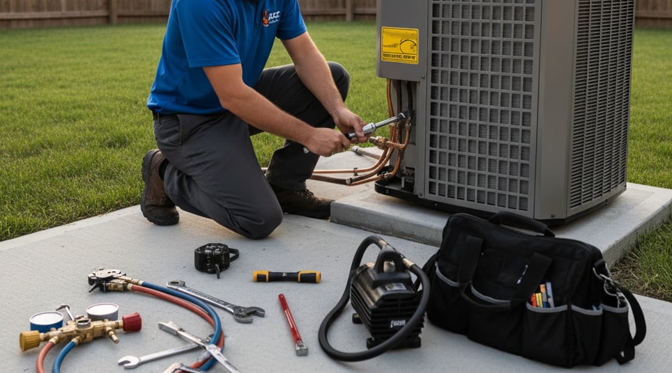 Technician installing new energy-efficient HVAC unit in a suburban home, professional tools visible.