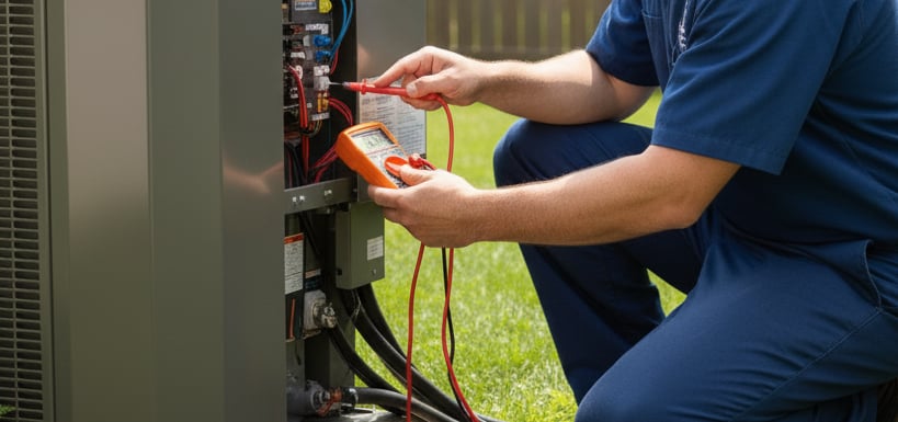 HVAC technician testing electrical components with a multimeter beside an outdoor AC condenser