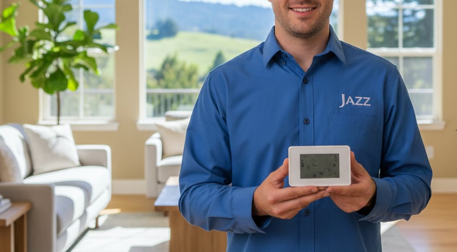 a HVAC technician holding a digital thermostat inside a bright Santa Rosa living room