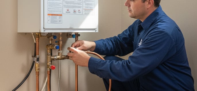 A professional plumber from Jazz Heating & Air installing a modern tankless water heater in a cozy Santa Rosa home