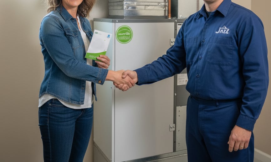 Happy homeowner shaking hands with a technician after installing eco-friendly HVAC