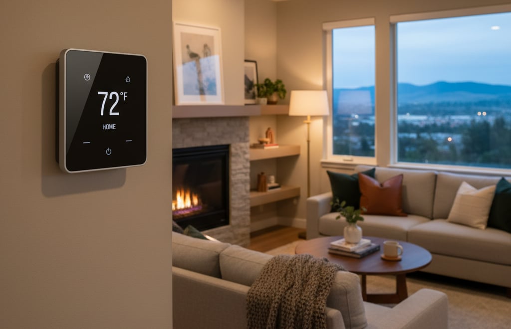 Modern living room in Santa Rosa with a sleek smart thermostat on the wall,