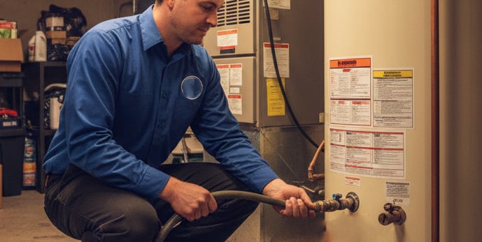 A male plumber wearing a blue shirt is kneeling in a basement. He is flushing a water heater, with a hose running from the drain valve. Various tools and equipment are visible around him.