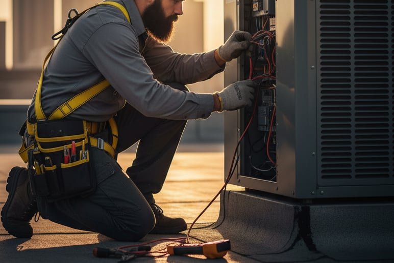 A technician works on the internal components of a large HVAC unit.