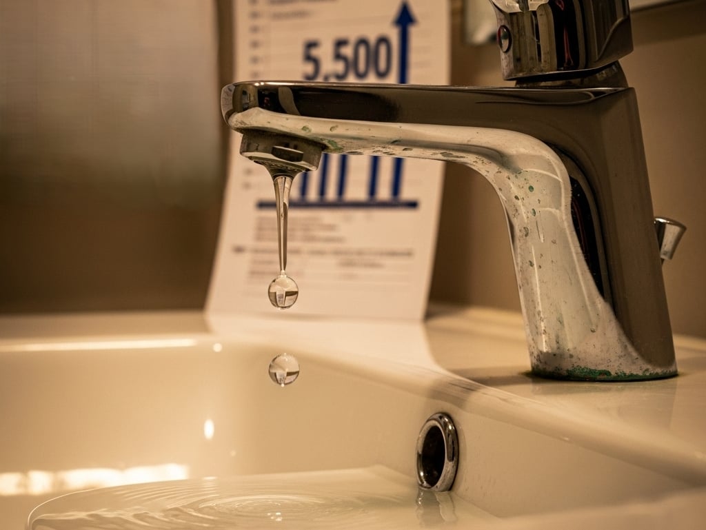 A close-up of a modern bathroom sink with a shiny chrome faucet dripping water.
