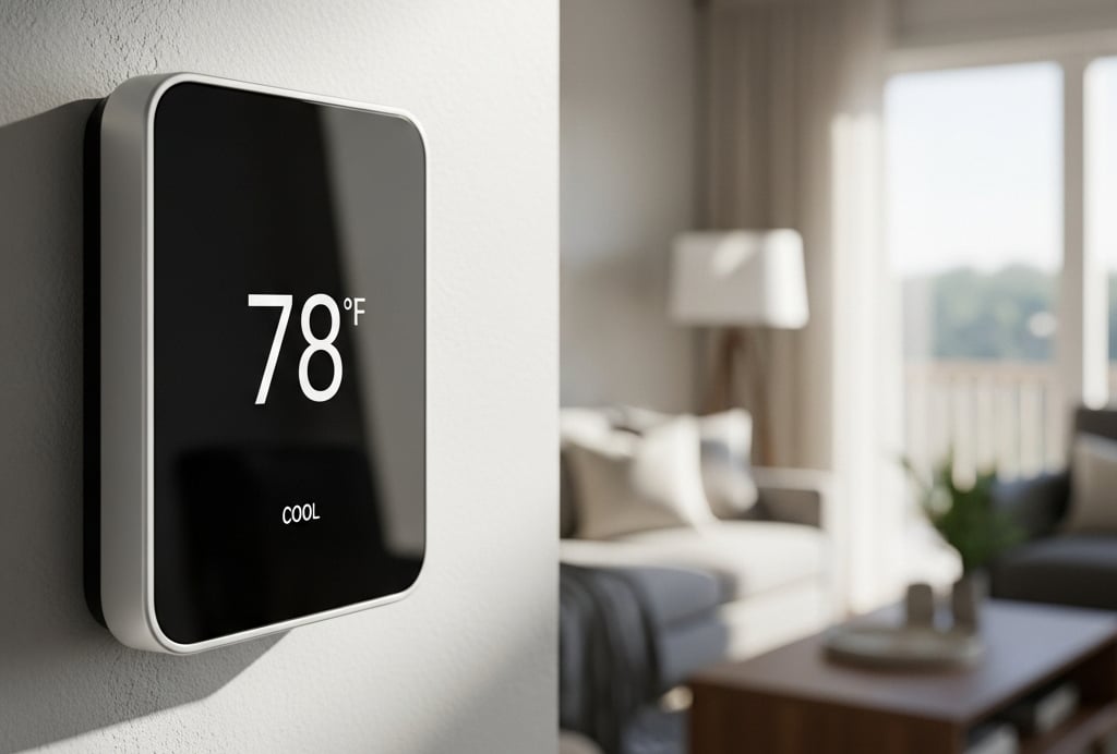 A sleek digital thermostat on the wall showing 78°F